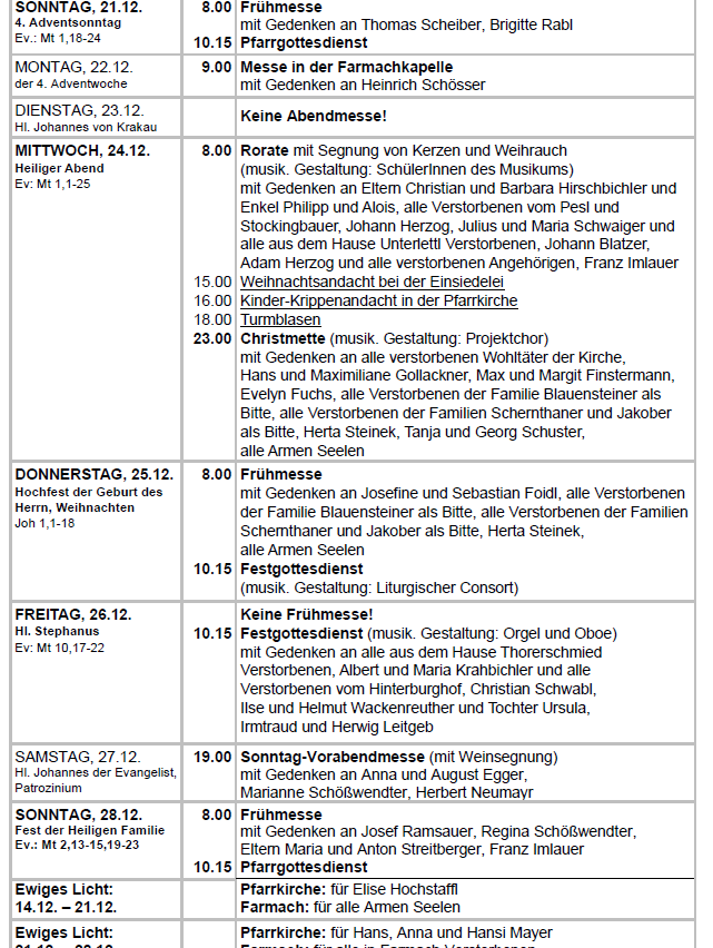 Wöchentlicher Kirchengottesdienstplan vom 22. bis 28. Dezember 2013. Montag bis Freitag beinhalten Messen, Roratemesse, Christmette und Christvesper. Samstag und Sonntag haben Sonntagsmesse, Sonntagabendmesse und ein Familienfest am Sonntag.