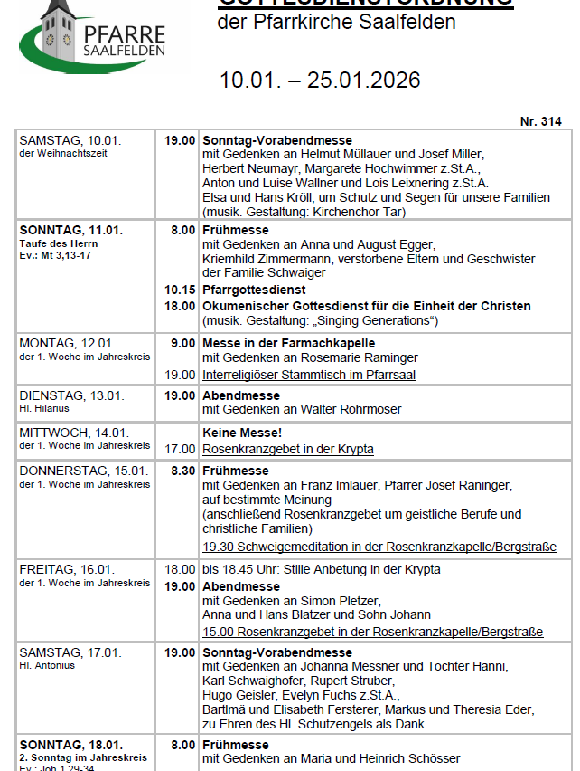 Ein Dokument listet religiöse Gottesdienste und Gedenkfeiern vom 10. Januar 2026 bis zum 25. Januar 2026 auf. Es beinhaltet Sonntagsmessen, Morgengottesdienste und Abendmessen mit spezifischen Themen und Gedenkfeiern für Einzelpersonen.