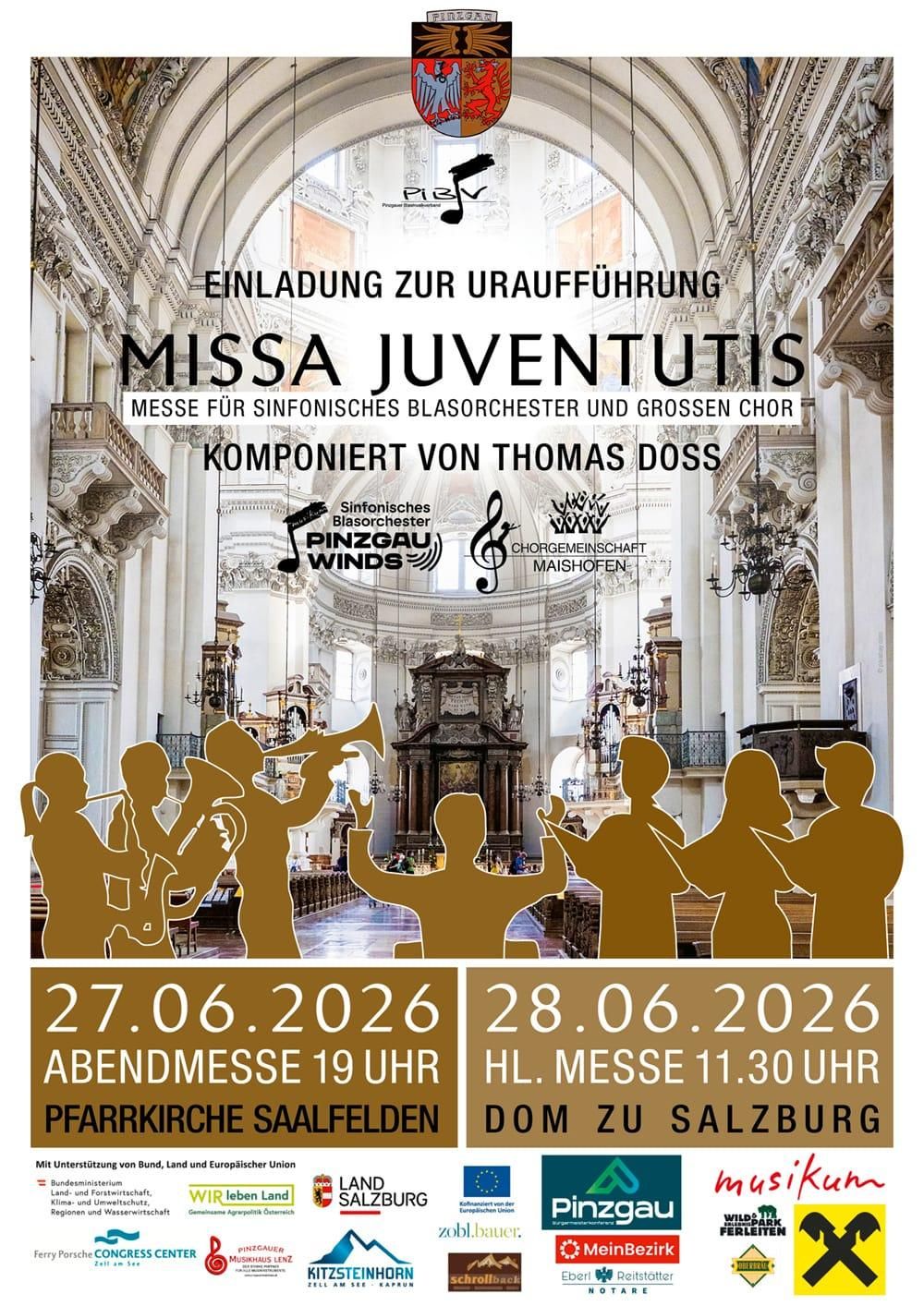 Poster for the premiere of Missa Juventutis, a mass for symphonic brass and large choir by Thomas Doss. Dates are June 27th and 28th, 2026.
