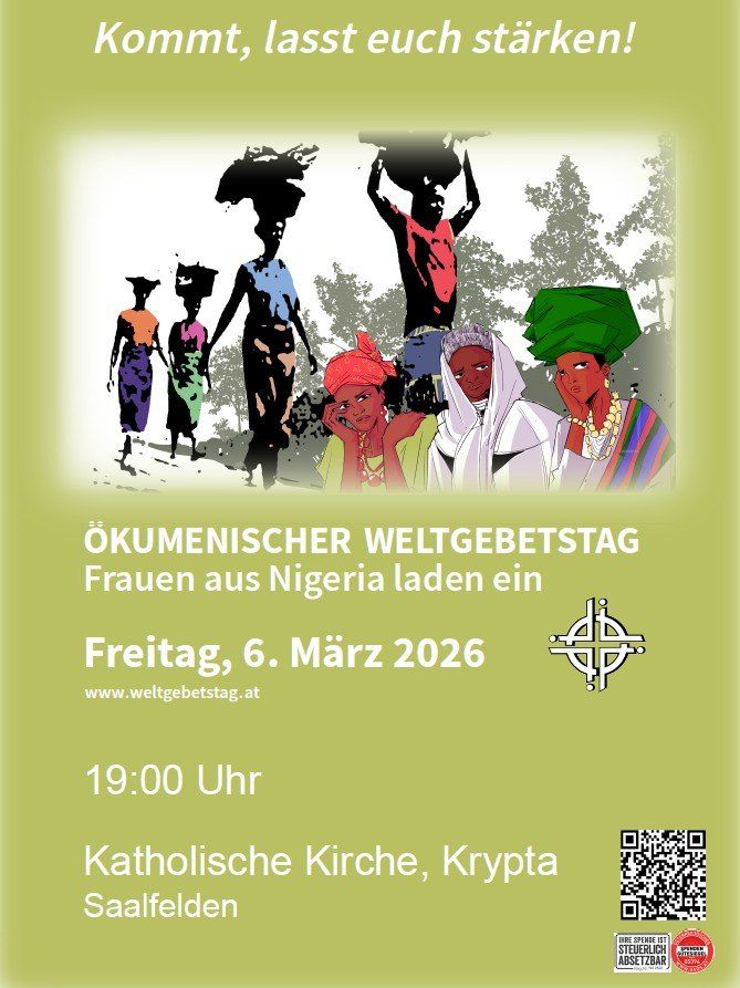 Poster for the Ecumenical Prayer Day with women from Nigeria walking, event on Friday, March 6, 2026 at 19:00 at the Catholic Church in Saalfelden.