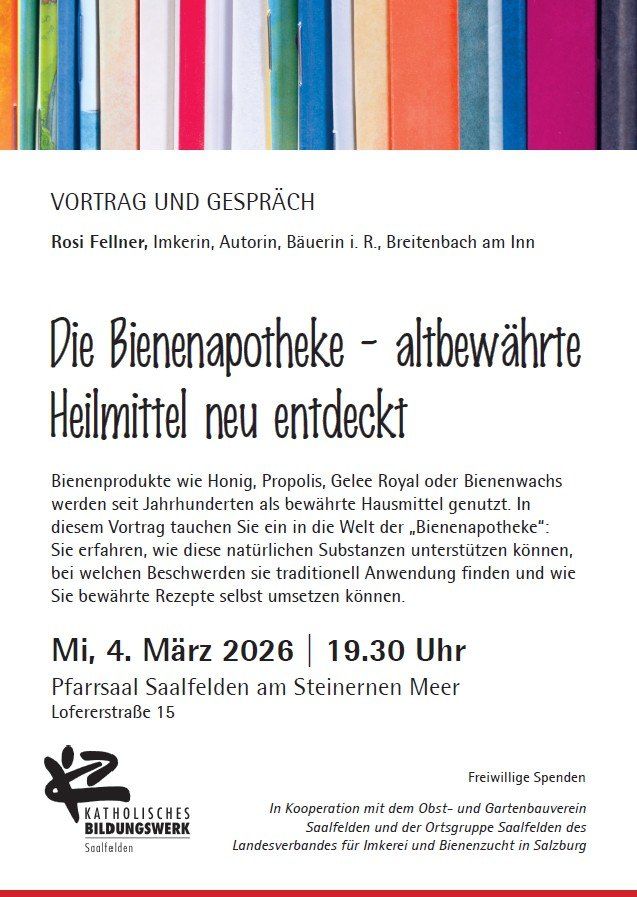 Vortrag und Gespräch mit der Imkerin Rosi Fellner. Bienenprodukte wie Honig, Propolis, Gelée Royale oder Bienenwachs werden seit Jahrhunderten als bewährte Hausmittel genutzt. Erfahren Sie mehr über die Welt der 'Bienenapotheke', wie diese natürlichen Substanzen helfen können und wie Sie bewährte Rezepte selbst zubereiten können.