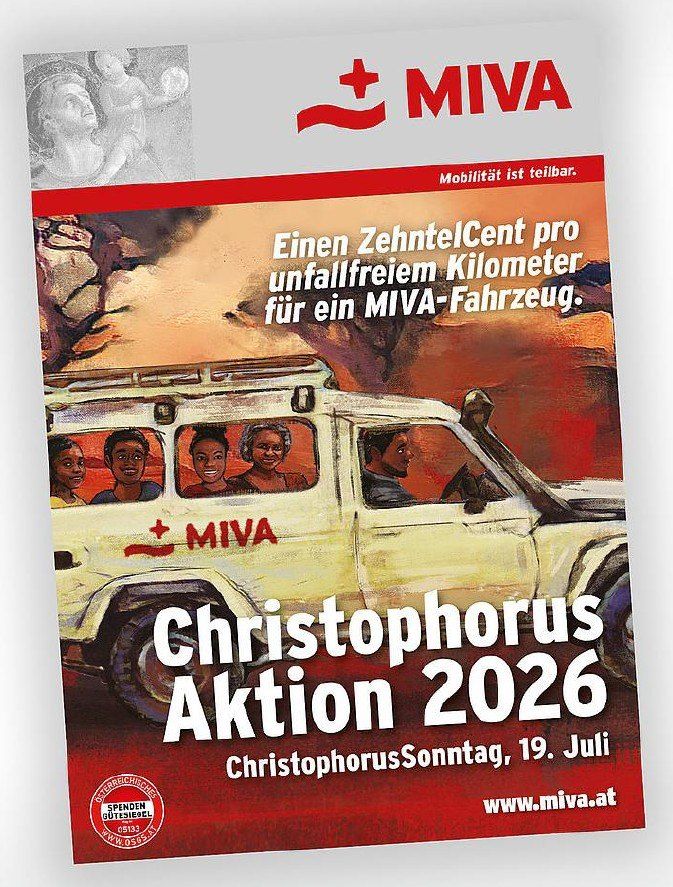 Plakat für Christophorus Aktion 2026 von MIVA, zeigt ein weißes Fahrzeug mit Personen im Inneren, eine Berglandschaft im Hintergrund und den Text 'Einen ZehntelCent pro unfallfreiem Kilometer für ein MIVA-Fahrzeug.'