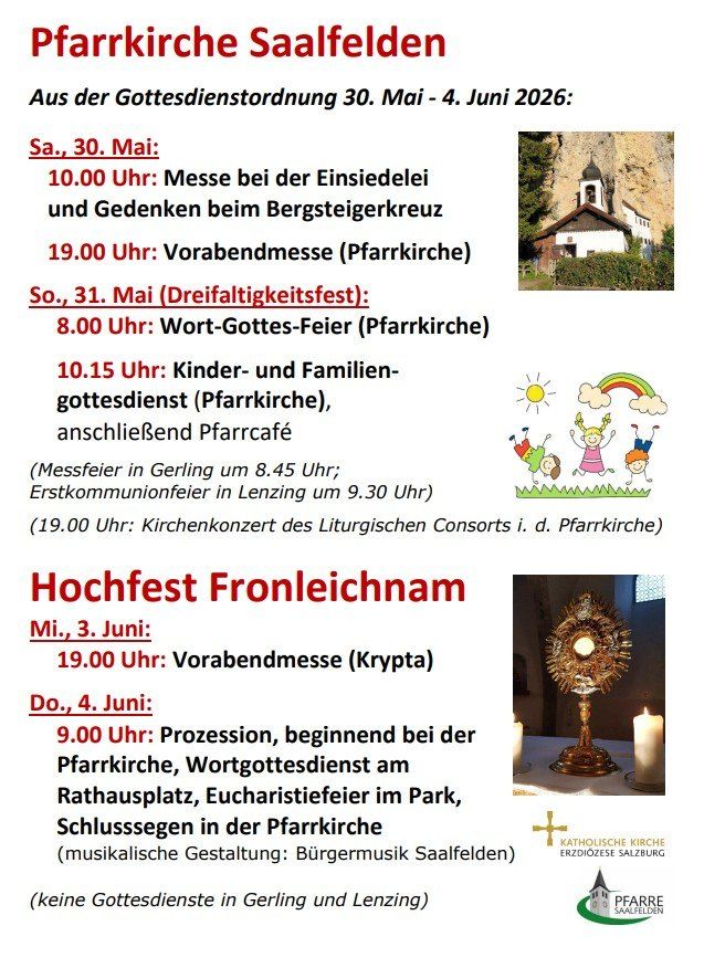 Ein Plakat beschreibt eine Reihe von religiösen Veranstaltungen vom 30. Mai bis 4. Juni 2026. Es enthält Details zu Messzeiten, Orten und besonderen Ereignissen. Es gibt Bilder einer Kirche, eines Berges und religiöser Symbole.