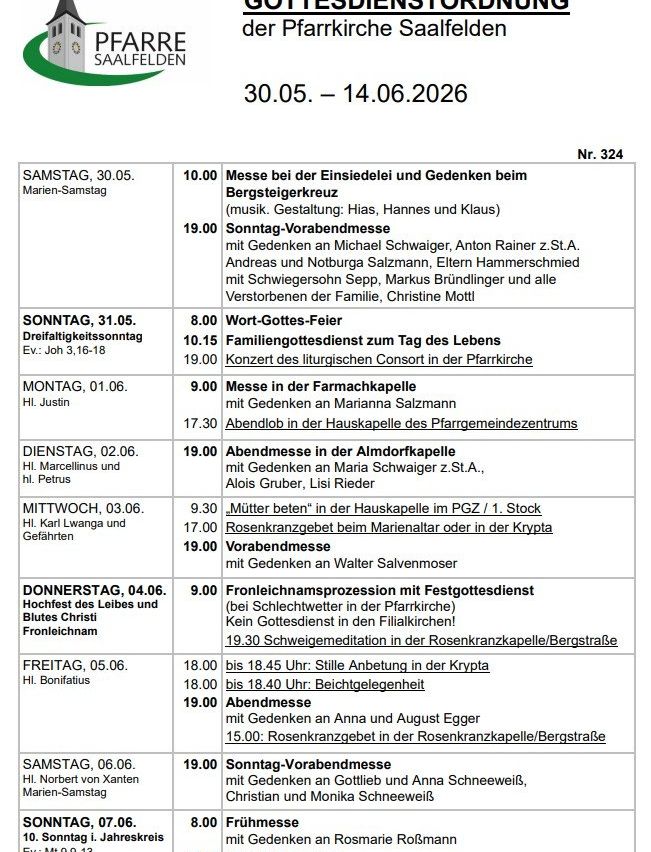 Veranstaltungsplan vom 30.05. bis 14.06.2026. Beinhaltet Messen, Gebete, Konzerte und Gedenkfeiern. Bedeutende Ereignisse sind eine Messe bei Einsiedle und ein Familiengottesdienst am 31.05.