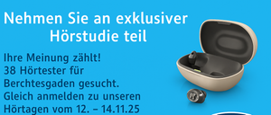 Blaue Werbung für Akustik-Kopfhörer mit einem Gewinnspiel. Der Text lautet 'Nimm an einer exklusiven Hörstudie teil'. Das Angebot ist vom 12. bis 14. November 2025 gültig.