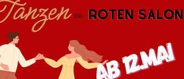 Plakat für eine Tanzveranstaltung im Roten Salon mit zwei Tänzern und der Zeit 18:30 für Anfänger und 20:00 für Fortgeschrittene. Kontaktieren Sie Petra Prisk für weitere Informationen.