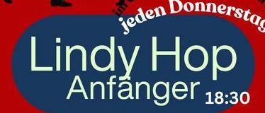 Plakat für Lindy-Hop-Tanzkurse, die jeden Donnerstag um 18:30 Uhr beginnen. Gastgeber: Petra Prisk Santer. Kontakt: 0664 243 6609.