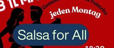 Ein Plakat bewirbt Salsa und Bachata for All Tanzveranstaltungen ab dem 11. Mai im Roten Salon jeden Montag. Die Zeiten sind 18:30 für Salsa und 20:00 für Bachata.