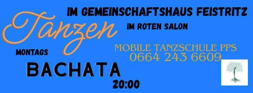 Ein blaues Poster für einen Bachata-Tanzkurs am Montagabend um 20 Uhr. Kontaktnummer 0664 243 6609.