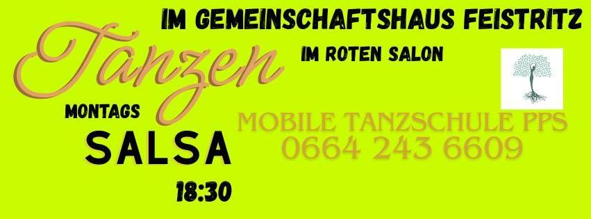 Ein gelbes Plakat für einen Salsa-Kurs am Montag um 18:30 Uhr im Gemeinschaftshaus. Das Plakat enthält eine Telefonnummer und ein Logo eines Baums.