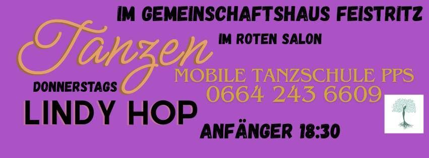 Plakat für Lindy Hop Tanzunterricht donnerstags, Beginn 18:30 im Festsaal des Gemeindehauses. Kontakt: 0664 243 6609.
