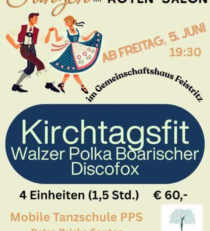 Plakat für eine Tanzveranstaltung am 5. Juni. Es zeigt ein tanzendes Paar mit dem Text 'Tanzen im Roten Salon' und den Veranstaltungsdetails.
