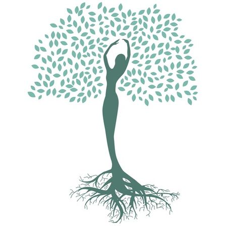 Eine Silhouette einer Frau mit erhobenen Armen steht als Baum mit sich ausbreitenden Wurzeln vor einem weißen Hintergrund.