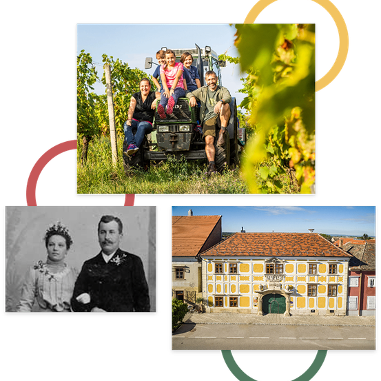 Eine Familie fährt auf einem Traktor im Weinberg, ein altes Foto eines Paares und ein historisches Haus mit rotem Dach.