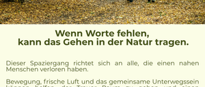 Zwei Personen spazieren in einem Wald, angezogen für kühleres Wetter. Der Text lautet: 'Wenn Worte fehlen, kann das Gehen in der Natur helfen.' Der Spaziergang zielt darauf ab, Trost für diejenigen zu bieten, die einen geliebten Menschen verloren haben. Er bietet frische Luft, Bewegung und Gesellschaft. Emotionen sind willkommen.