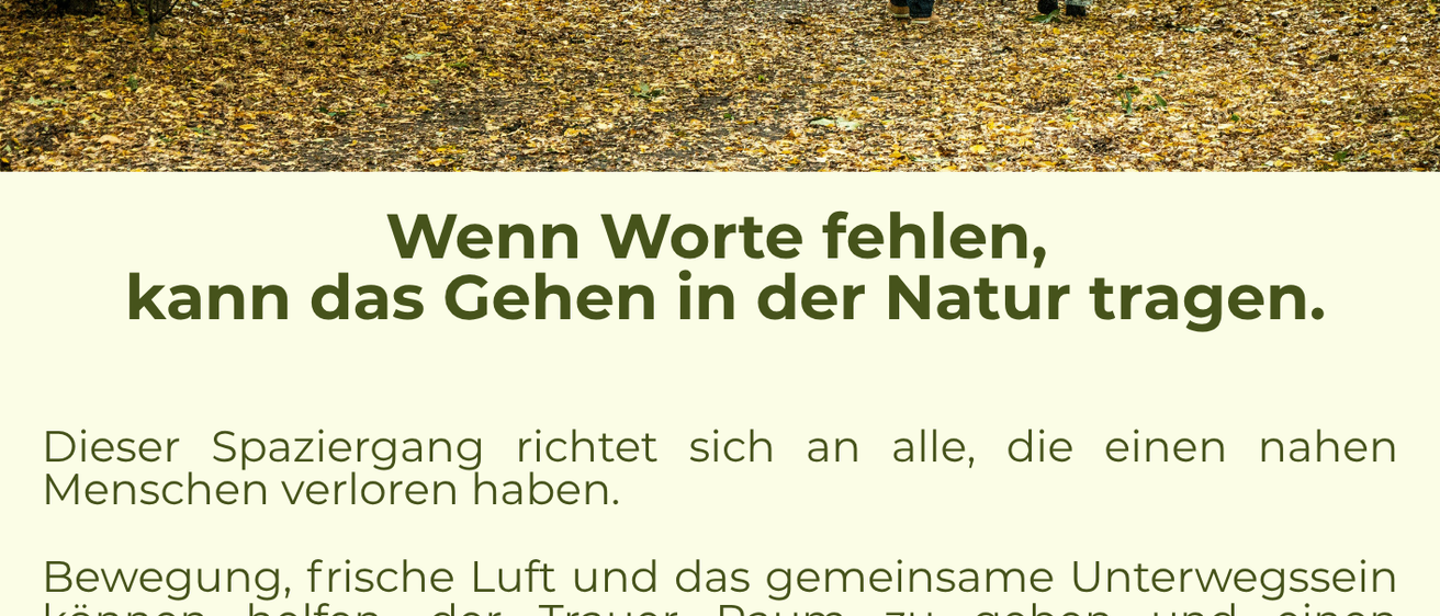 Zwei Personen spazieren in einem Wald, angezogen für kühleres Wetter. Der Text lautet: 'Wenn Worte fehlen, kann das Gehen in der Natur helfen.' Der Spaziergang zielt darauf ab, Trost für diejenigen zu bieten, die einen geliebten Menschen verloren haben. Er bietet frische Luft, Bewegung und Gesellschaft. Emotionen sind willkommen.