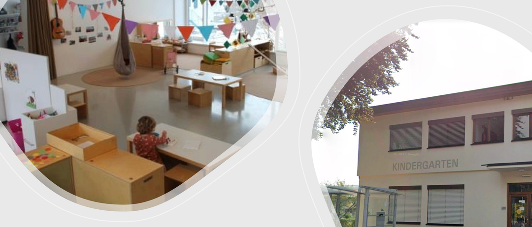 Ein Kind sitzt an einem Schreibtisch in einem Klassenzimmer, über dem bunte Wimpel an der Decke hängen. Draußen ist ein Gebäude mit 'KINDE'-Beschilderung zu sehen.