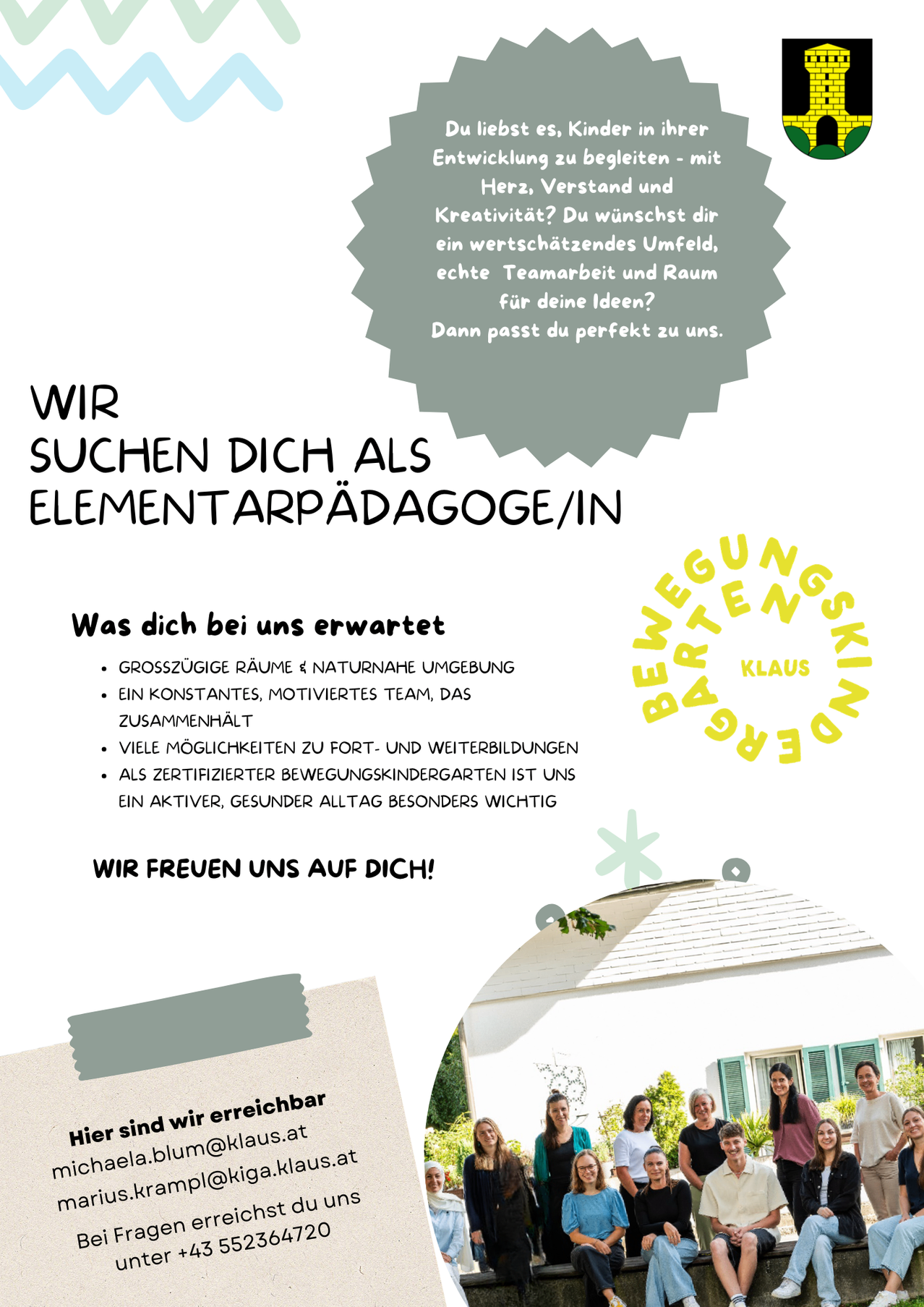 Job advertisement for an element care pedagogue with information on expectations, team, and work environment. Includes a photo of a group of people in a house.