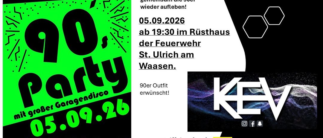 Ein Plakat für eine 90er-Party am 05.09.2026 ab 19:30 im Rusthaus der Feuerwehr St. Ulrich am Waasen. 90er Outfit erwünscht!