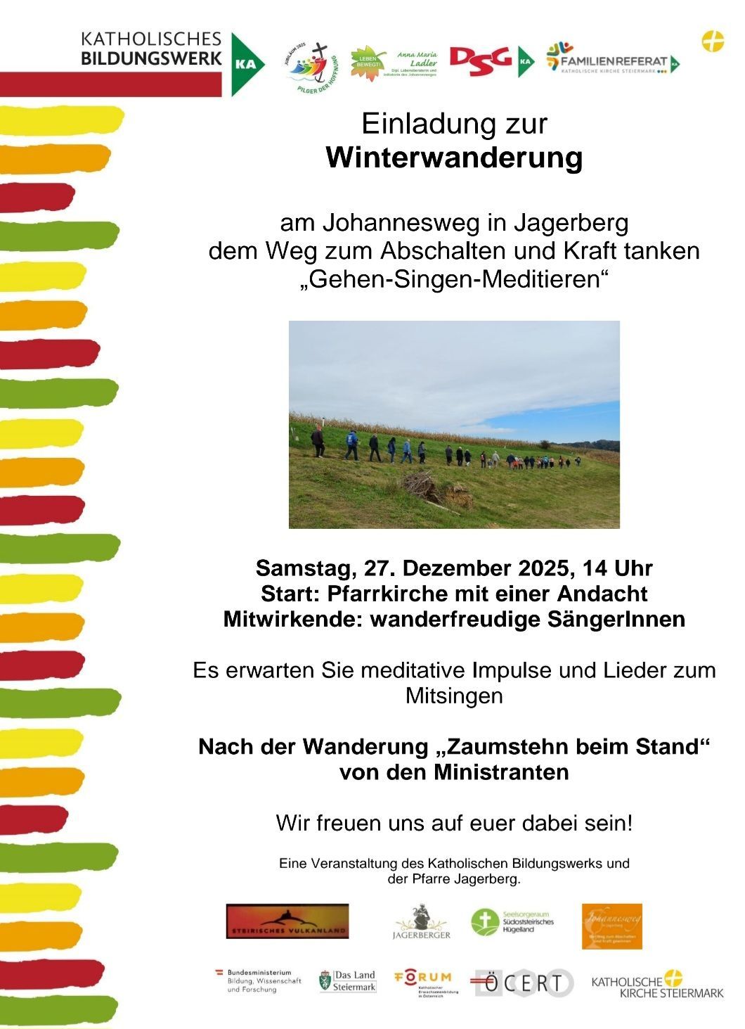 Ein Flyer für eine Winterwanderungsveranstaltung in Jagerberg. Es enthält ein Bild von Menschen, die auf einem Hügel gehen, eine Startzeit und eine Einladung zur Teilnahme.
