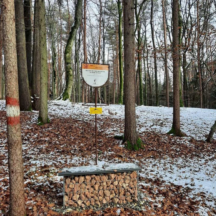 Ein Schild mit einem Vogellogo ist an einem Metallpfosten in einem verschneiten Wald befestigt. Ein Stapel Holz liegt auf dem Boden, und einige Bäume haben rote Farbe darauf.