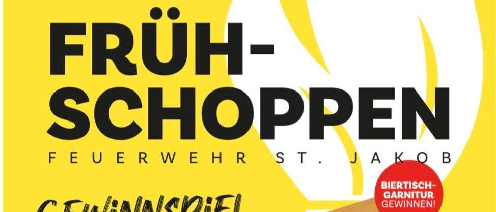 Werbeplakat für das Fruehschoppen-Event mit gelbem Hintergrund und einem roten Kreis, der einen Preis hervorhebt. Bänke und ein Tisch sind abgebildet mit dem Veranstaltungsdatum 13. Juli 2025.