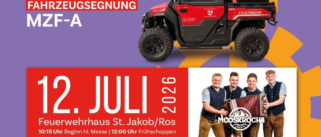 Das Bild zeigt eine Werbung für die 'Fruhschopp'-Veranstaltung mit einem roten Feuerwehrauto. Das Datum ist der 12. Juli 2026, mit dem Segen der Fahrzeuge um 10:15 Uhr und Beginn des Einkaufs um 12:00 Uhr. Drei Männer, die Akkordeon spielen, sind ebenfalls abgebildet.