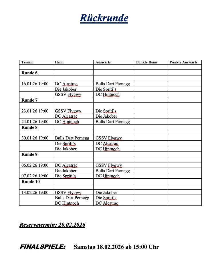 Tabelle zeigt Spielplan für Runden 6 bis 10. Beinhaltet Teams, Daten, Uhrzeiten und Austragungsorte. Reservetermin: 20.02.2026.