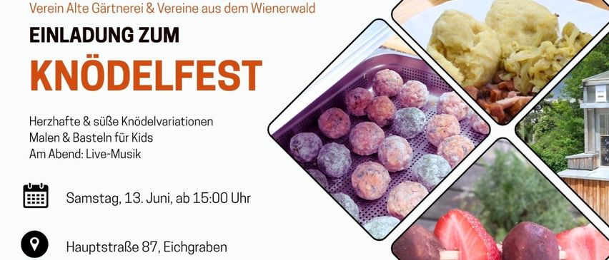 Plakat für ein Festival mit Essensproben, Erdbeeren und Fleischbällchen. Veranstaltung am 3. Juni ab 15 Uhr. Adresse ist Eichgraben 87.