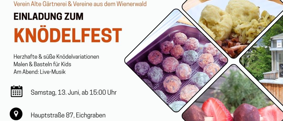 Plakat für ein Festival mit Essensproben, Erdbeeren und Fleischbällchen. Veranstaltung am 3. Juni ab 15 Uhr. Adresse ist Eichgraben 87.