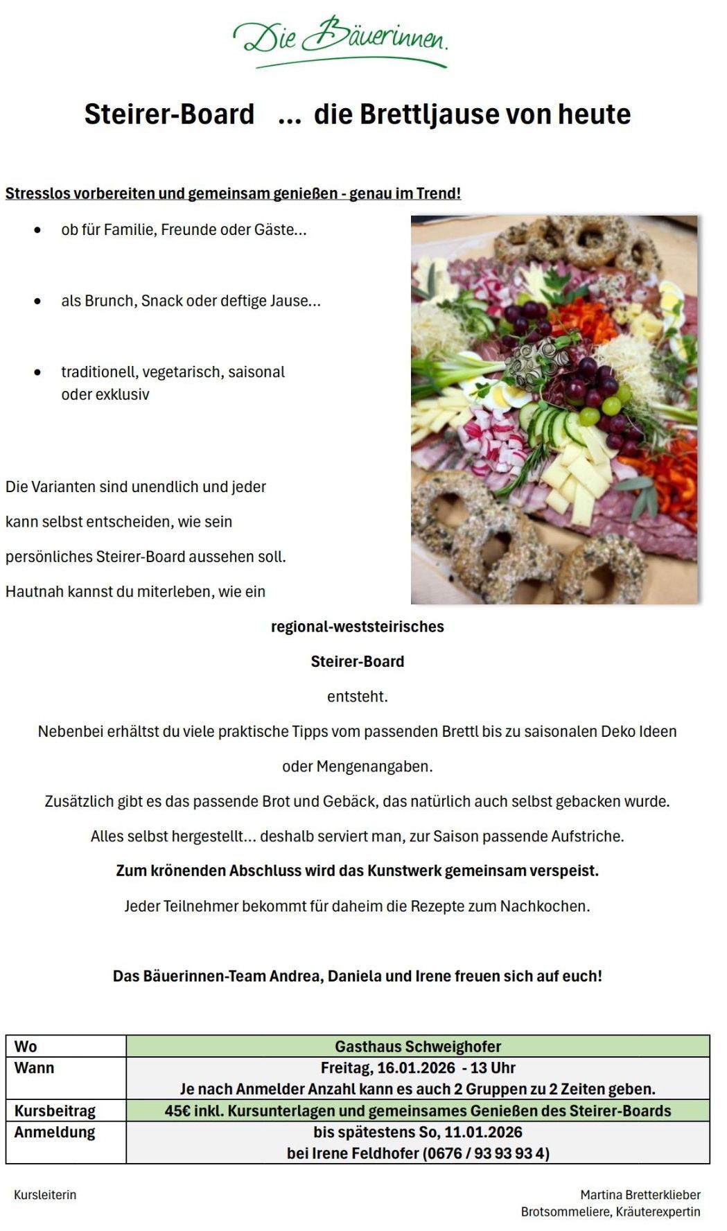 Ein Speisebrett mit einer Vielzahl von Gemüse, Fleisch und Brot. Der Text auf dem Bild liefert Informationen über die Optionen für ein individuell gestaltbares Brett, einschließlich saisonaler und exklusiver Auswahlmöglichkeiten.