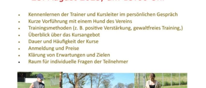 Plakat für Stegersbach Hundetrainingskurse. Es beginnt am 30. August 2025. Eine Informationsveranstaltung ist am 23. August 2025 um 15:00 Uhr. Es beinhaltet Vorstellung des Trainers, eine Demonstration, Trainingsmethoden, Kursdetails und eine Fragerunde. Bilder zeigen Hundetrainingsaktivitäten.