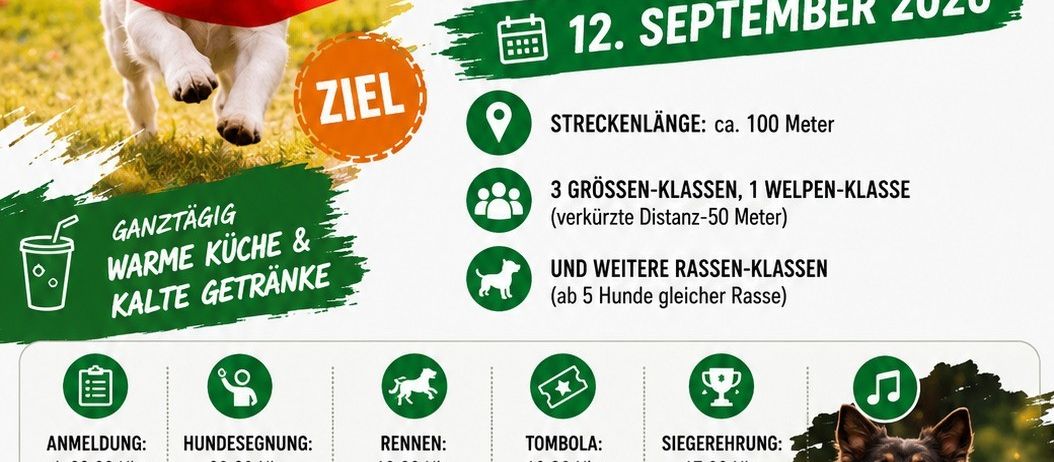 Plakat für das Jux-Hunderrennen-Event am 12. September 2026. Zeigt einen Hund mit Schleife, Details zu Anmeldung, Rennklassen und Kontaktinformationen.