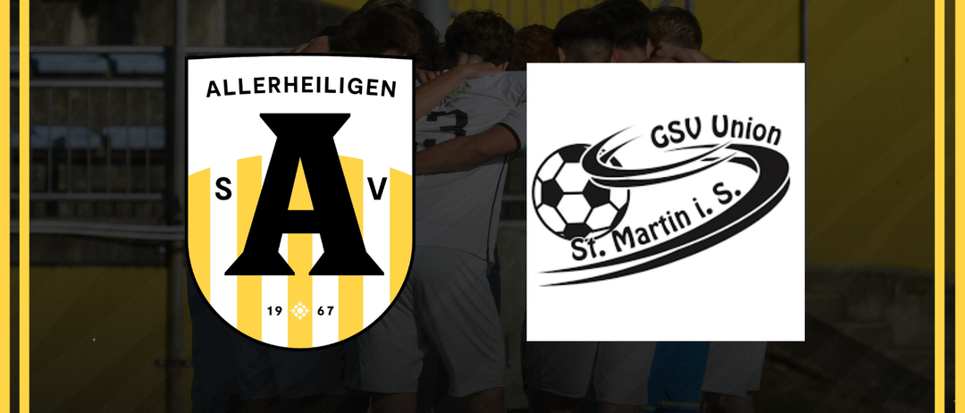Das Plakat zeigt die Logos zweier Fußballmannschaften, ASV und GSV Union St. Martin i.S. Die Spieler stehen zusammen in einer Gruppe, wahrscheinlich bereiten sie sich auf ein Spiel vor. Das Spiel ist die 17. Runde der Landesliga.