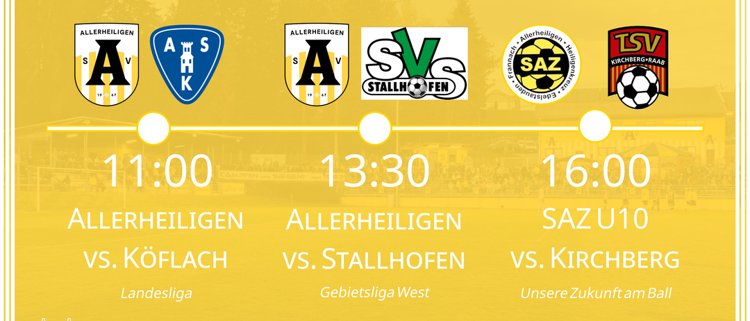 Zeitplan für die Feiertagsveranstaltungen in Allerheiligen mit Fußballspielen: Landesliga-Spiel zwischen Allerheiligen und Stallhofen um 11:00, Bezirksliga West-Spiel um 13:30 und SAZ U10-Spiel um 16:00.