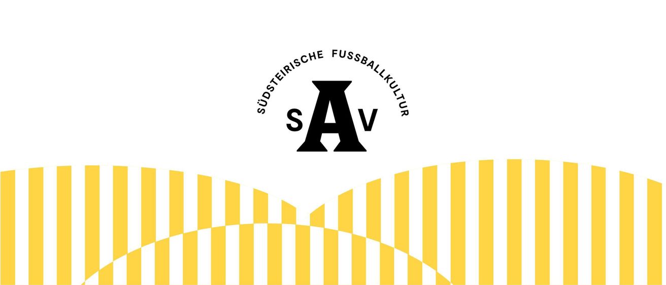 Das Logo für Südtirolische Fussballkultur, mit einem stilisierten Buchstaben 'A' und darunter 'S' und 'V' in Schwarz auf einem gelben und weißen gestreiften Hintergrund.