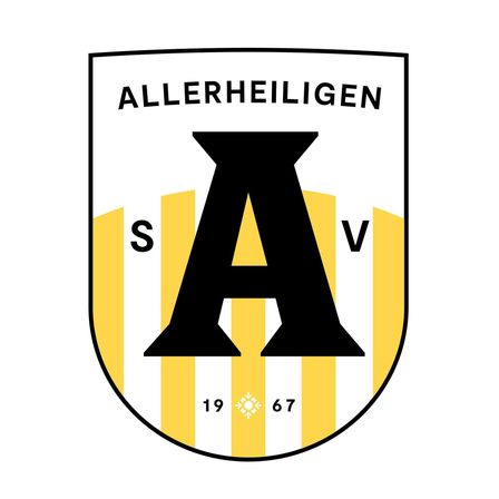Das Wappen von Allerheiligen zeigt einen gelben und weißen gestreiften Hintergrund mit dem Buchstaben 'A' in fetter schwarzer Schrift. Links steht die Zahl '19' und rechts '67'.