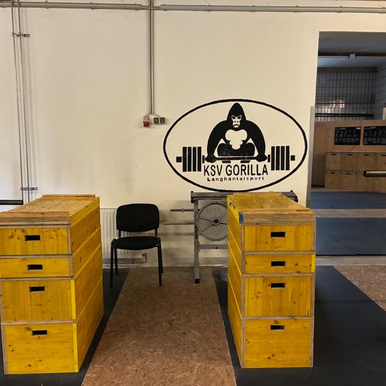 Ein Fitnessstudio mit einer weißen Wand, auf der ein Gorilla-Logo und gelbe Holzschränke auf beiden Seiten eines Stuhls zu sehen sind. Der Fitnessraum hat einen schwarzen Teppich auf dem Boden.