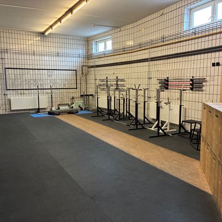 Ein leerer Fitnessraum mit einer großen schwarzen Bodenmatte, einer Reihe von Trainingsgeräten und einem weißen Heizkörper an der Wand.