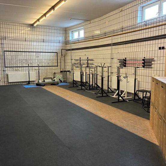 Ein leerer Fitnessraum mit einer großen schwarzen Bodenmatte, einer Reihe von Trainingsgeräten und einem weißen Heizkörper an der Wand.