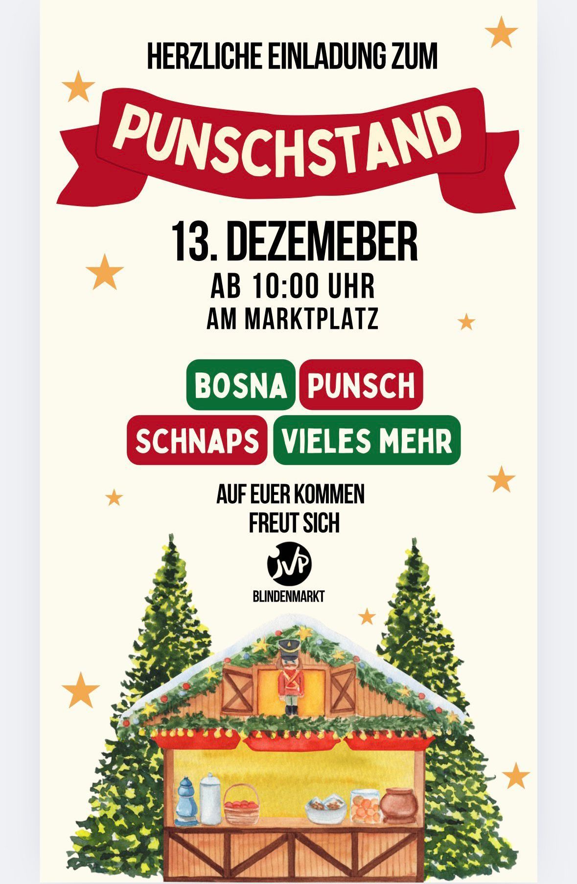 Ein Plakat für eine Veranstaltung am 13. Dezember auf dem Marktplatz, mit einer weihnachtlichen Illustration eines Hauses mit einem Nussknacker, Weihnachtsbäumen und einem Band mit dem Text 'Wunschmarkt'. Die Veranstaltung bietet Bosnien, Punsch, Schnaps und mehr an.