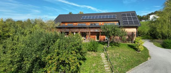 A wooden house with a black roof, solar panels, and a garden with trees and bushes on a sunny day.
