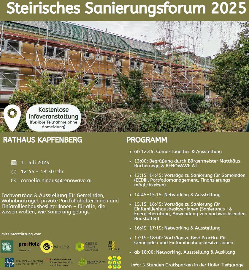 Plakat für die 'Steirische Sanierungstag 2025' Veranstaltung in Kapfenberg, zeigt ein gelbes Gebäude im Bau mit Gerüsten. Veranstaltungsdetails umfassen Datum, Uhrzeit und Kontaktinformationen. Das Programm skizziert eine Reihe von Vorträgen und Networking-Sitzungen.