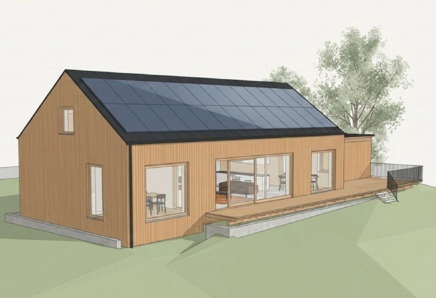 An illustration of a modern eco-friendly house with solar panels on the roof, glass windows, and a wooden deck.