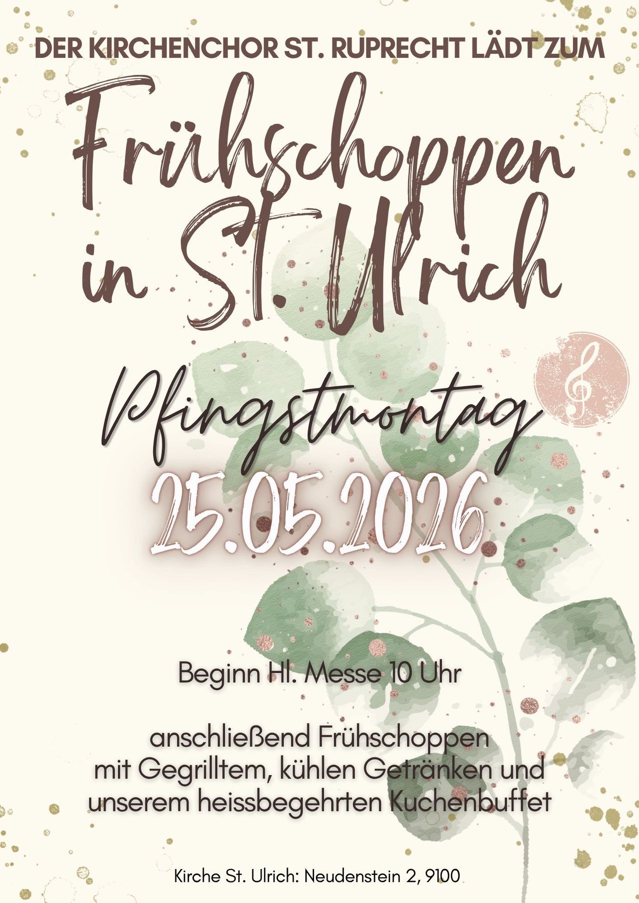 Ein Plakat für ein Brunch-Event am Pfingstmontag, 25. Mai 2016, in St. Ulrich. Es enthält Details zum Beginn der Heiligen Messe, gefolgt von einem Brunch mit gegrilltem Essen, kalten Getränken und Musik.