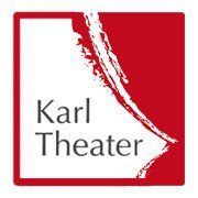 Das Logo des Karl Theaters ist auf einem roten und weißen Hintergrund abgebildet. Der Text ist in fetter, schwarzer Schrift. Das Wort Karl ist oben und Theater darunter. Das Logo ist von einem roten Rahmen umrandet.