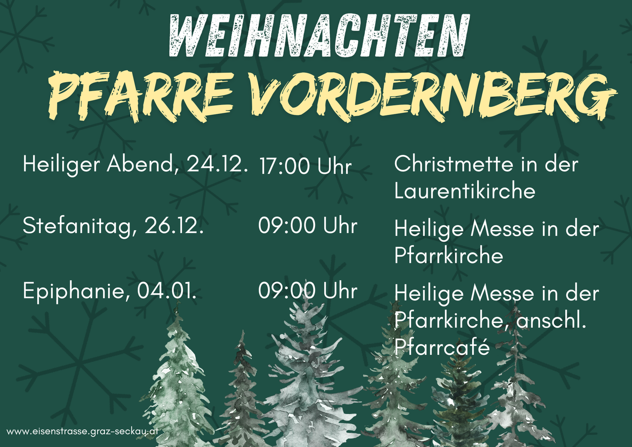 Weihnachtsbaumdekorationsveranstaltung am 24. Dezember um 17:00 Uhr. Weihnachtsmesse am 26. Dezember um 09:00 Uhr und am 4. Januar um 09:00 Uhr.