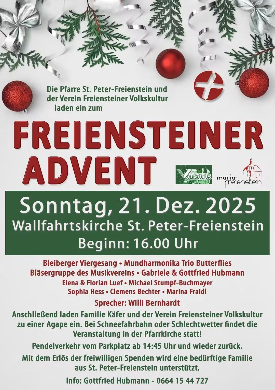 Plakat für das Freiensteiner Advent-Event am 21. Dezember 2025. Zeigt rote Kugeln, grüne Girlanden und die Veranstaltungsdetails einschließlich Startzeit und Teilnehmer.