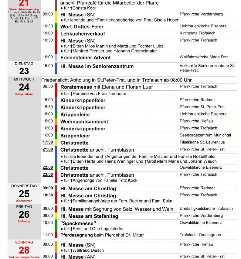 Das Bild enthält einen Zeitplan für religiöse Gottesdienste auf Deutsch, einschließlich Heilige Messe, Gebetsdienste und besondere Veranstaltungen vom 23. bis 28. Dezember. Jeder Gottesdienst ist mit seiner Zeit, dem Ort und manchmal den Namen der Zelebranten aufgeführt.
