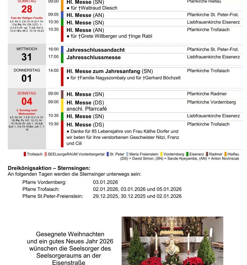 Zeitplan der Gottesdienste, einschließlich besonderer Messen und des Dreikönigszugs. Das Bild enthält Daten, Zeiten und Orte für verschiedene Gottesdienste. Es listet auch die Termine für den Dreikönigszug in verschiedenen Pfarreien auf.